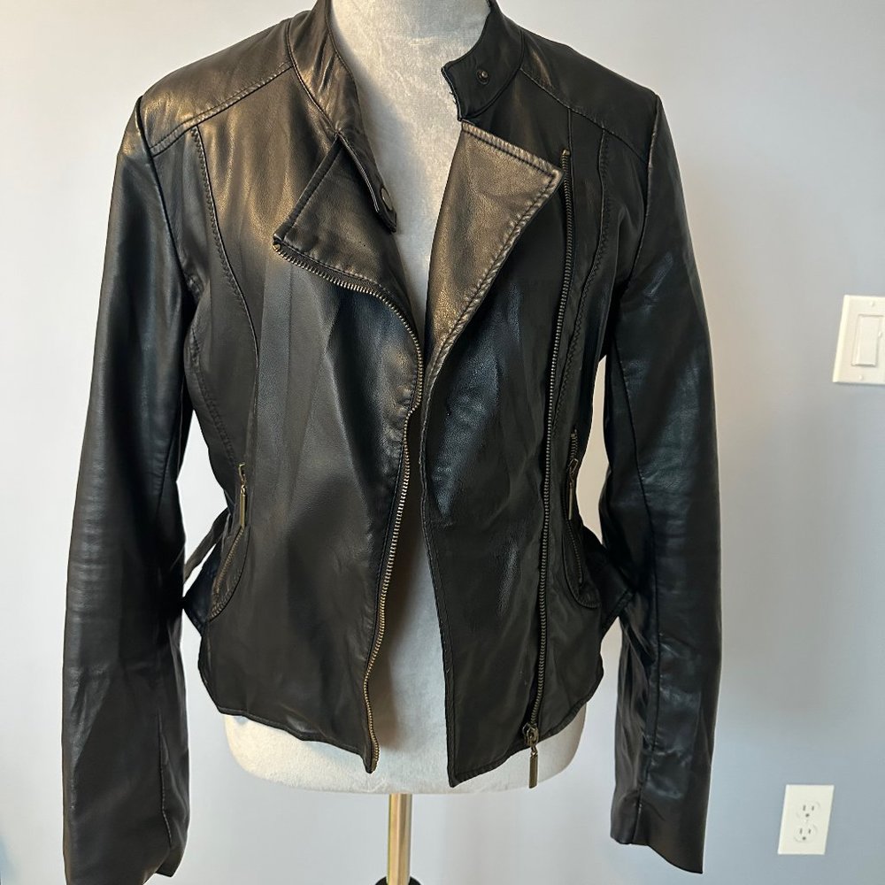 Faux Leather Black Bomber Jacket Sz L